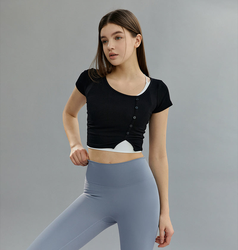 Unfooted Button Ribbed Crop Top